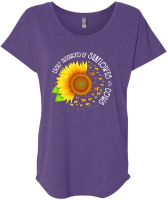 Sunflowers Cows Ladies T-Shirt, Ladies Triblend Dolman Sleeve, Purple Rush