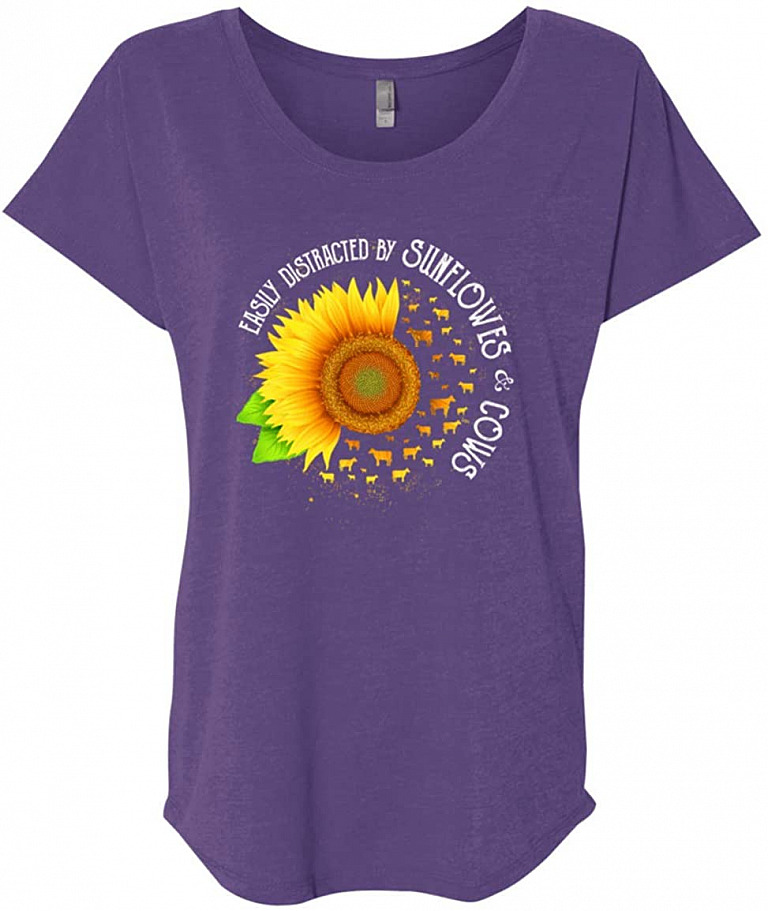 Sunflowers Cows Ladies T-Shirt, Ladies Triblend Dolman Sleeve, Purple Rush