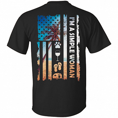 I'm Just A Simple Woman Girl Who Loves Camping Wine Flip Flop Dog Camp America USA Flag Back Printed T-Shirt Tee TShirt