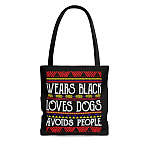 Wears Black Loves Dogs Avoids People Vintage Canvas Tote Bag - Shoulder Bag - Reusable Grocery Shopping Bag