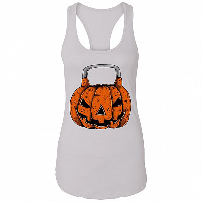 Pumpkin Dumbbell Tank Top - Jack O'Kettlebell Gym Wear - Pumpkin Dumbbell Halloween Racerback