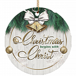 Christmas Begins With Christ Decorative Christmas Ornament - Holiday Flat Circle Porcelain Ceramic Ornament