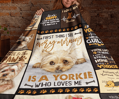 Alternative view of First-Thing I See Every Morning Is a Yorkie Who Loves Me Fleece Blanket - Premium Sherpa Blanket - Woven Blanket