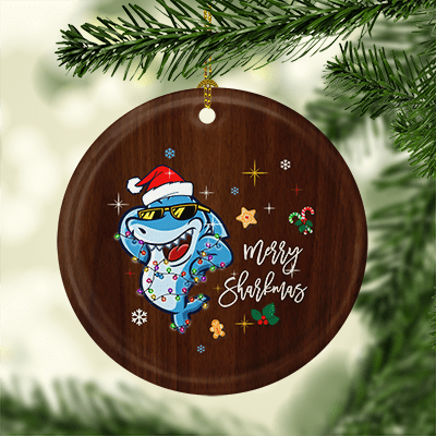 Alternative view of Merry Sharkmas Santa Shark Christmas Ornament Keepsake - Holiday Flat Circle Porcelain Ceramic Ornament