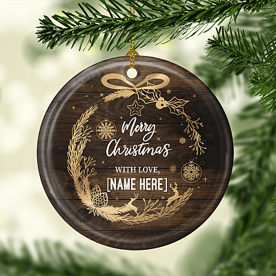 Alternative view of Merry Christmas With Love Personalized Decorative Christmas Ornament Keepsake - Holiday Flat Circle Porcelain Ceramic Ornament