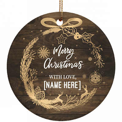 Merry Christmas With Love Personalized Decorative Christmas Ornament Keepsake - Holiday Flat Circle Porcelain Ceramic Ornament