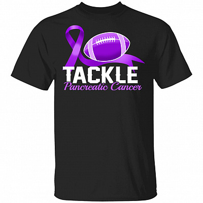 Funny Football Tackle Pancreatic Cancer Purple Ribbon T-Shirt