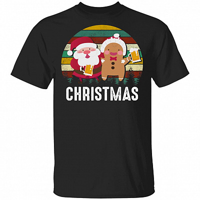 Vintage Santa Claus And Gingerbread Drinking Beer Ugly Christmas T-Shirt
