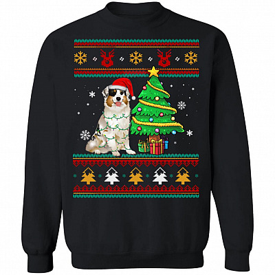 Australian Shepherd Christmas Lights Tree Ugly Sweater Funny Xmas Gift For Dog Lovers