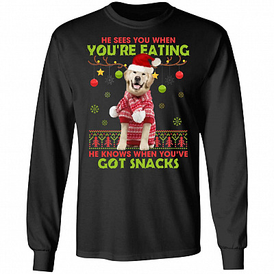 Golden Retriever Santa He Sees You When You're Eating Christmas Hoodie - Sweatshirt - Long Sleeve Shirt