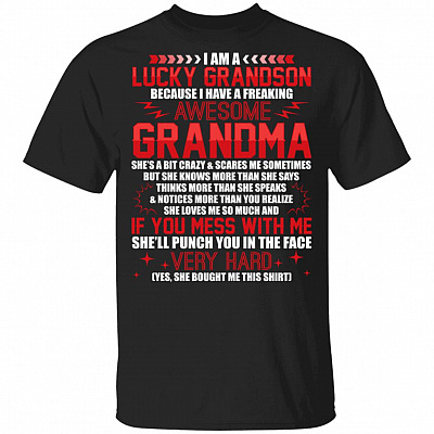 I Am A Lucky Grandson I Have Awesome Grandma She Will Punch You Funny Kid Shirt - Youth Shirt