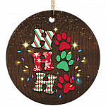 Ho Ho Ho Dog Paws Cute Christmas Decorative Ornament Keepsake - Holiday Flat Circle Porcelain Ceramic Ornament