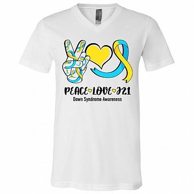 Peace Love J 21 Down Syndrome Awareness Chromosome 21 T-Shirt - V-Neck