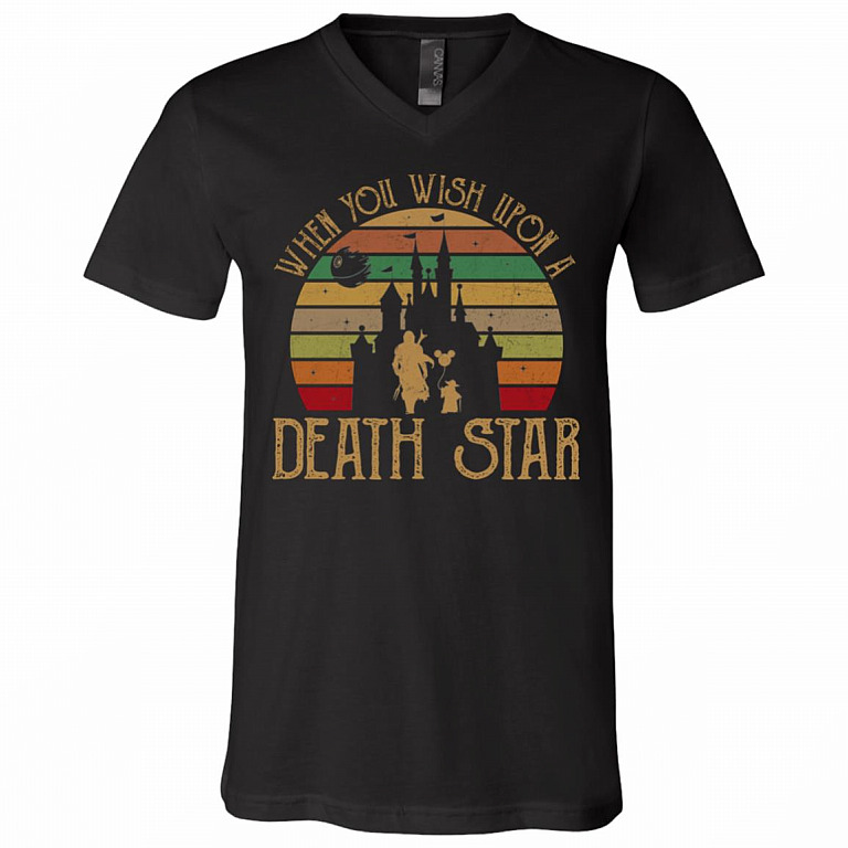 CubeBik When You Wish Upon A Death Star T-Shirt - Funny Science Fiction Lover Dark Side Vintage Retro V-Neck Shirt