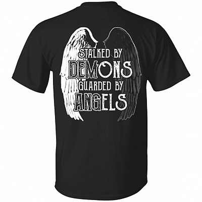 CubeBik Stalked By Demons Guarded By Angels Print On Back Only - Plain Front T-Shirt