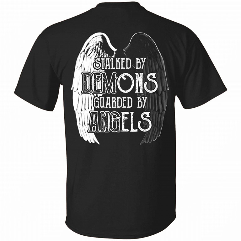 CubeBik Stalked By Demons Guarded By Angels Print On Back Only - Plain Front T-Shirt