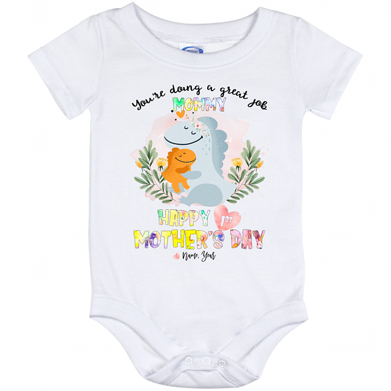 Happy 1st Mother's Day Dinosaur Custom Personalized Baby Onesie - Baby Infant Bodysuit, White, Baby Onesie - 12 Month