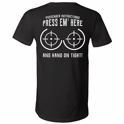 Passenger Instructions Press Em' Here and Hang On Tight Biker Print On Back T-Shirt - V-Neck Shirt, Black, V-Neck T-Shirt