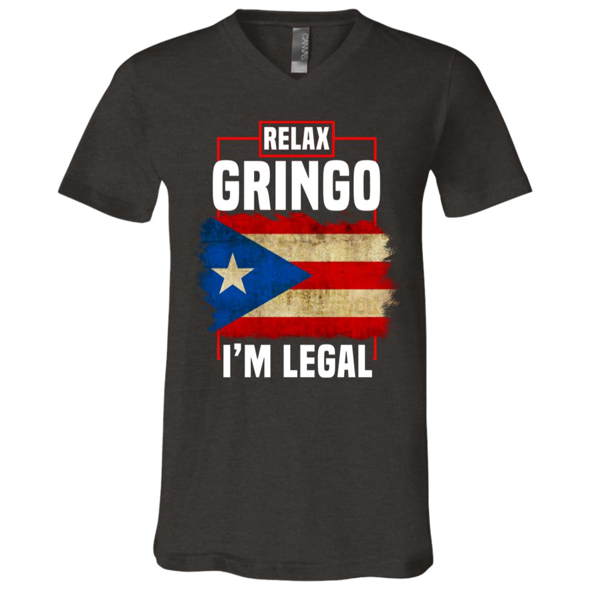 Relax Gringo I'm Legal Funny Spanish Immigrants T-Shirt - Puerto Rico Flag V-Neck Shirt, Dark Grey Heather, V-Neck T-Shirt