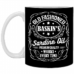 Old Fashioned Baskin's Sardine Old Premium Quality Works Every Time Accent Mug, Black, 11 oz. White Mug