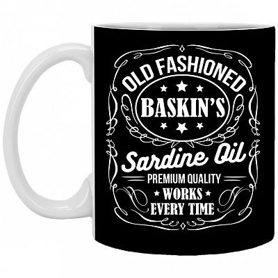 Old Fashioned Baskin's Sardine Old Premium Quality Works Every Time Accent Mug, Black, 11 oz. White Mug