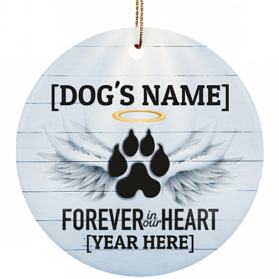 Forever In Our Hearts Personalized Dog Remembrance Decorative Christmas Ornament - Customized Keepsake, White, Ceramic Circle Ornament