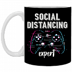 Social Distancing Expert Gaming Ceramic Coffee Mug - Water Bottle, Black, 11 oz. White Mug