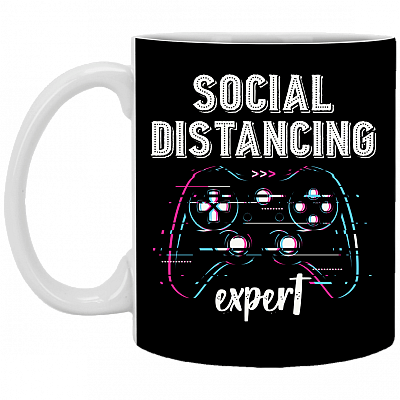 Social Distancing Expert Gaming Ceramic Coffee Mug - Water Bottle, Black, 11 oz. White Mug