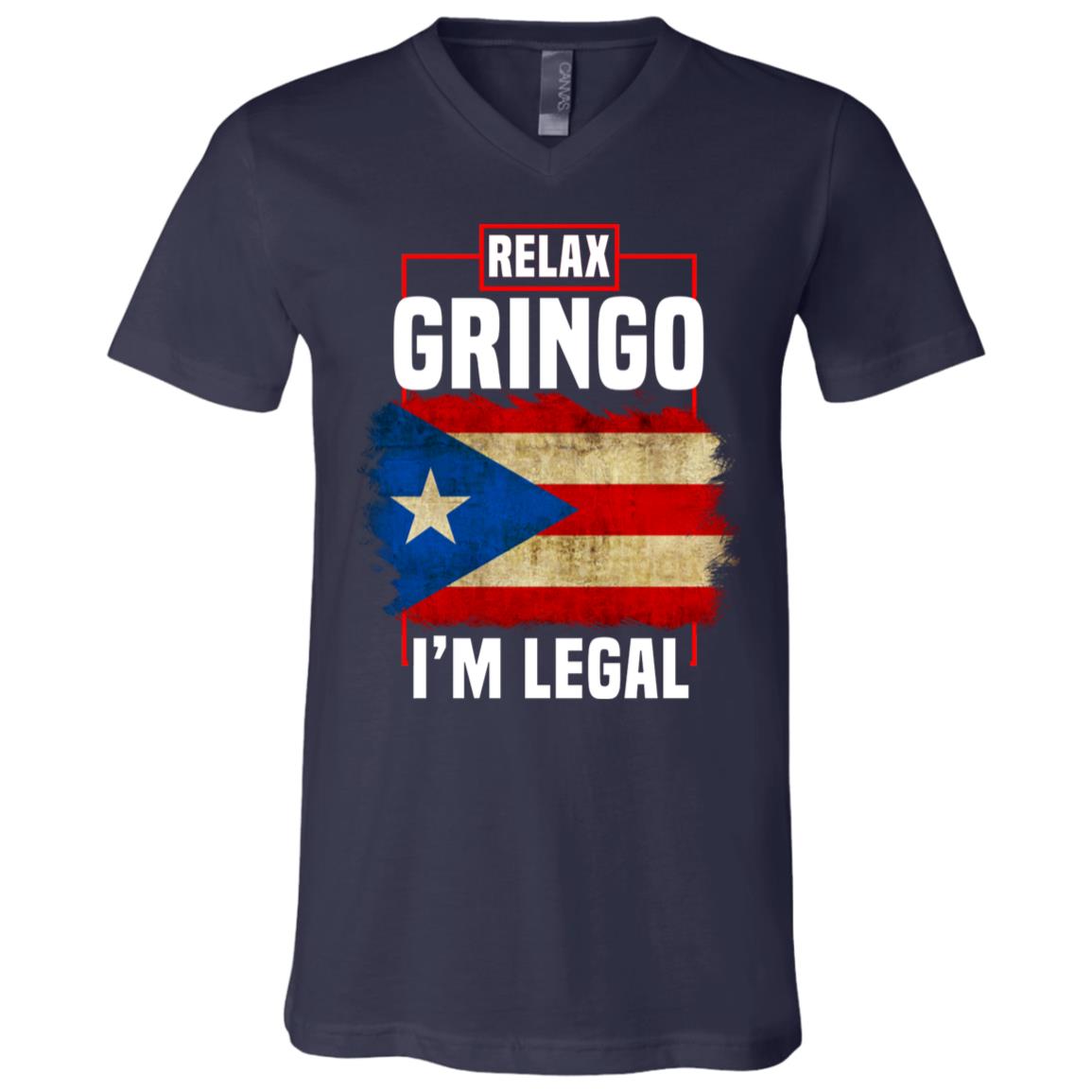 Relax Gringo I'm Legal Funny Spanish Immigrants T-Shirt - Puerto Rico Flag V-Neck Shirt, Navy, V-Neck T-Shirt