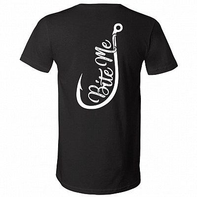 Bite-Me Hook Bait Fishing Lovers Print On Back T-Shirt - Fishing Tournament V-Neck Shirt, Black, V-Neck T-Shirt