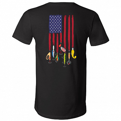 American Flag Fishing Print on Back T-Shirt - V-Neck Tee, Black, V-Neck T-Shirt