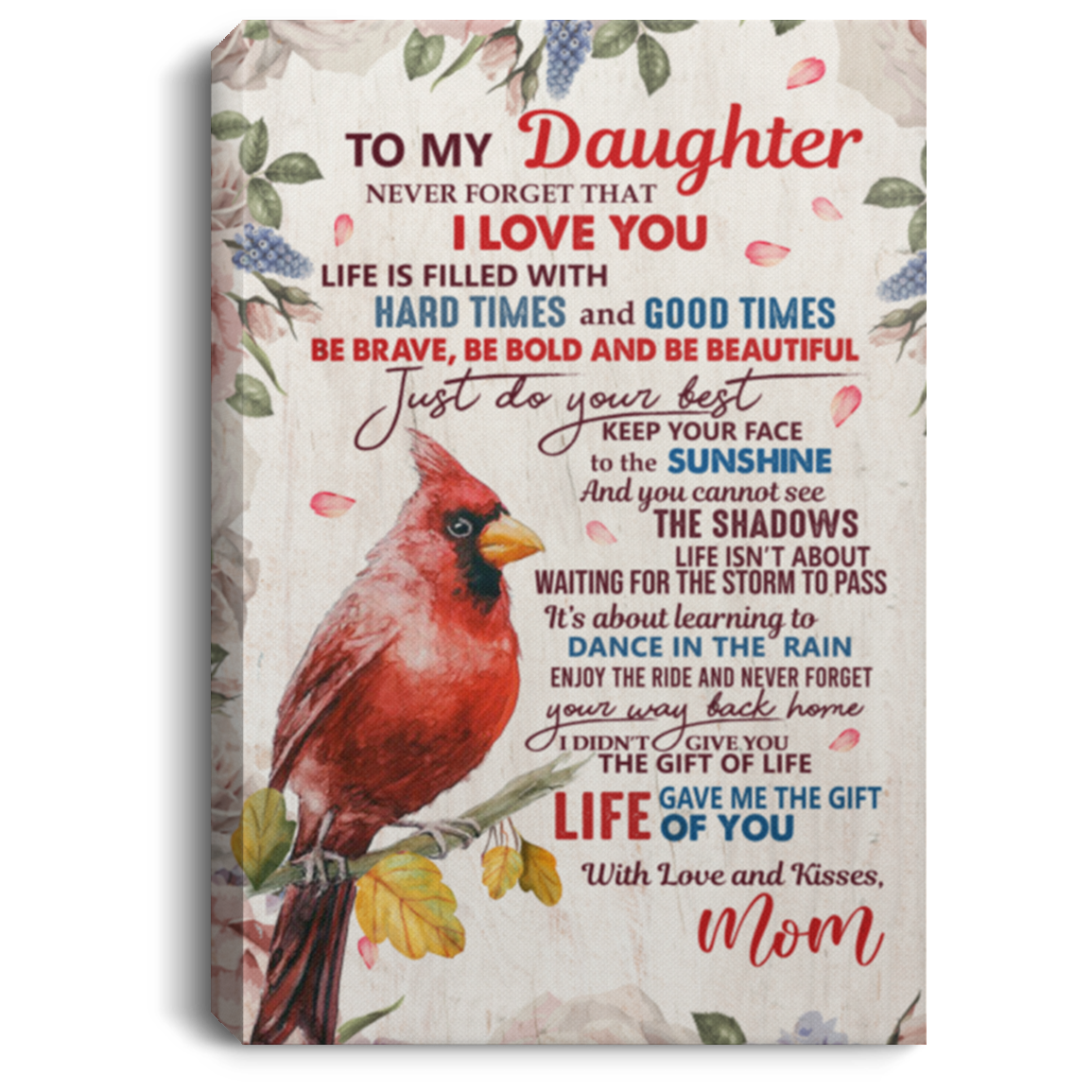 To My Daughter Never Forget That I Love You Framed Canvas - Unframed Poster - Missing Mom Cardinal Wall Art, White, 0.75'' Framed Canvas