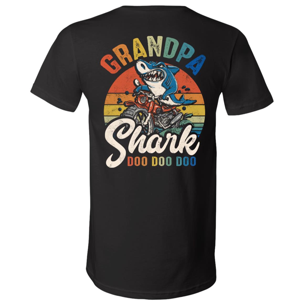 Grandpa Shark Doo Doo Doo Vintage Retro Motor Print On Back T-Shirt - V-Neck Shirt, Black, V-Neck T-Shirt