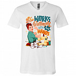 She Works Willings With Her Hands Sewing Machine Mask Maker T-Shirt - V-Neck, White, V-Neck T-Shirt