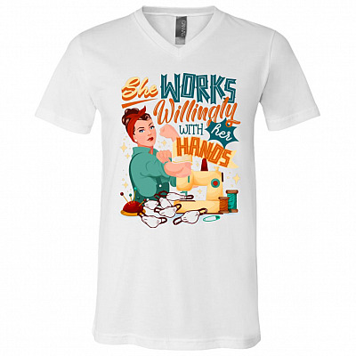 She Works Willings With Her Hands Sewing Machine Mask Maker T-Shirt - V-Neck, White, V-Neck T-Shirt