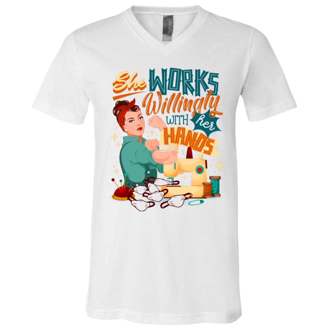 She Works Willings With Her Hands Sewing Machine Mask Maker T-Shirt - V-Neck, White, V-Neck T-Shirt
