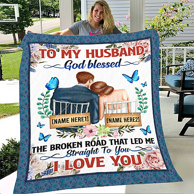 Alternative view of Personalized To My Husband God Blessed The Broken Road Fleece Blanket - Premium Sherpa Blanket - Woven Blanket
