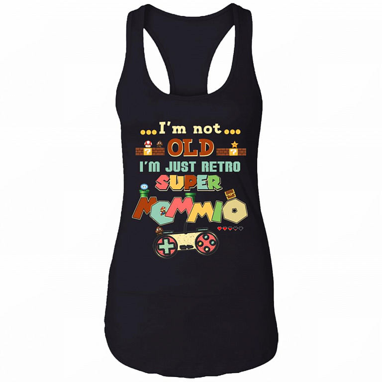 I'm Not Old I'm Just Retro Super Mommio Gaming Mom Ladies Racerback - Classic Gamer Funny Mother Gaming Shirt, Black, Ladies Racerback Tank