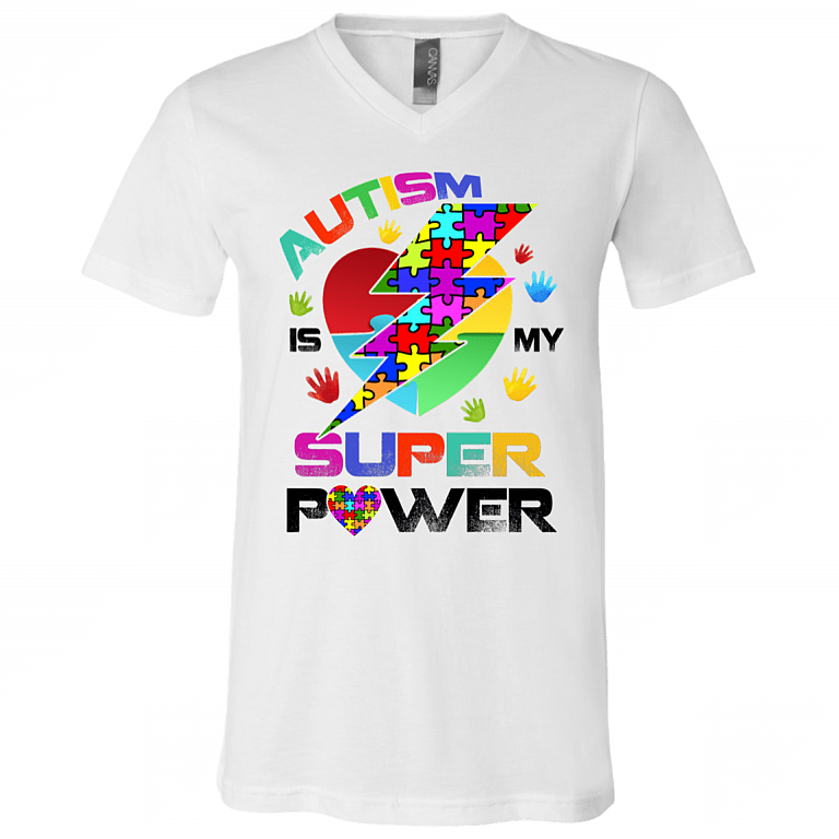 Autism Is My Super Power T-shirt - V-Neck Tee - Youth Tee, White, V-Neck T-Shirt