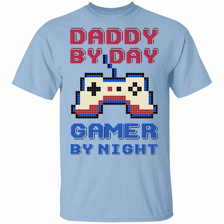 Daddy by Day Gamer by Night Funny Father 8-Bit Vintage Bright T-Shirt, Light Blue, Unisex T-Shirt