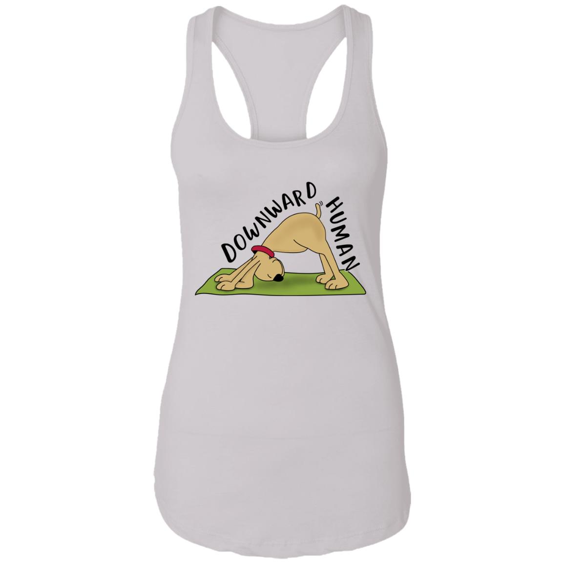 Downward Human Dog Yoga Poses Cotton Tank Top Tee - Ladies Racerback Tank for Women, White, Ladies Racerback Tank