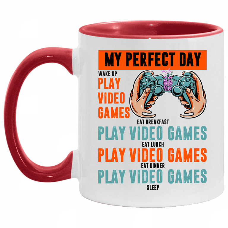Gaming Coffee Mug - My Perfect Day Video Games Accent Mug, White/Red, 11 oz. Accent Mug