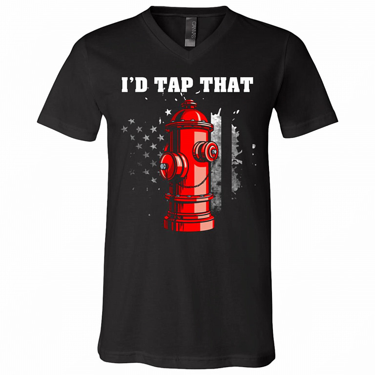 I'd Tap That Firefighter Hydrant T-Shirt - Firefighter US Flag Gift Shirt, Black, V-Neck T-Shirt