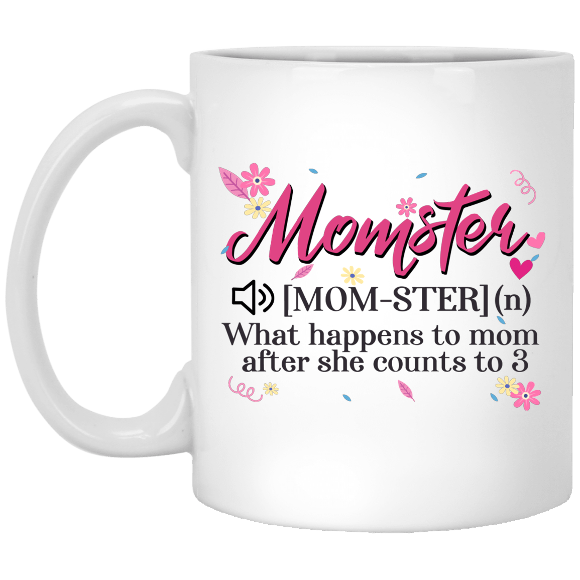 Momster Definition - What Happens To Mom After She Count 3  Ceramic Coffee Mug, White, 11 oz. White Mug Momster Definition - What Happens To Mom After She Count 3 Ceramic Coffee Mug, White, 11 oz. White Mug