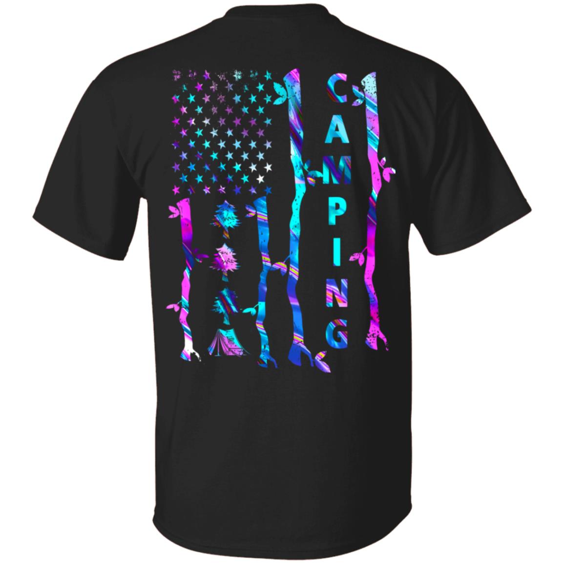 Camping American Flag Print On Back Only - Plain Front T-Shirt - Camping Lover Shirt, Black, Unisex T-Shirt
