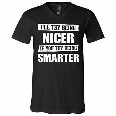 I'll Try Being Nicer If You Try Being Smarter T-Shirt - V-Neck Tee, Black, V-Neck T-Shirt