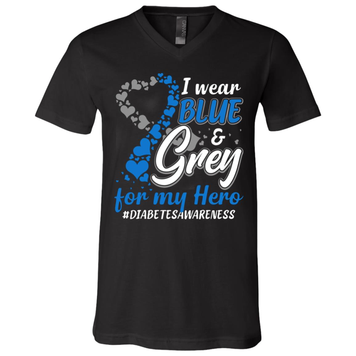 I Wear Blue And Grey For My Hero T-Shirt - Diabetes Awareness V-Neck Shirt, Black, V-Neck T-Shirt