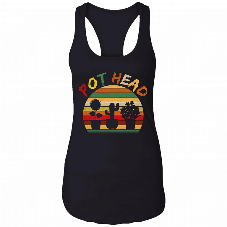 Pot Head Sarcastic Plant Lover Vintage Retro Ladies Racerback Tank - Funny Pot Head Gardening Saying Tank Top, Black, Ladies Racerback Tank