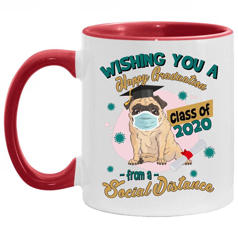 Wishing You A Happy Graduation From A Social Distance Accent Mug - Quarantine Graduation Gifts, White/Red, 11 oz. Accent Mug