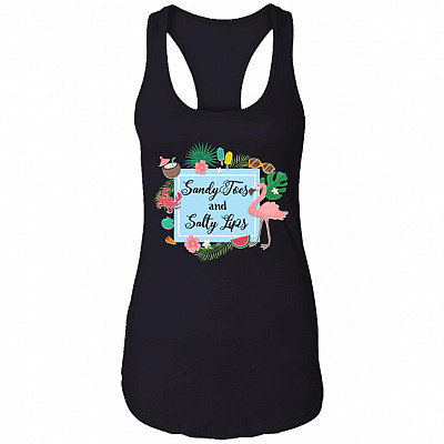 Sandy Toes and Salty Lips Flamingo Cotton Tank Top Tee - Ladies Racerback Tank, Black, Ladies Racerback Tank
